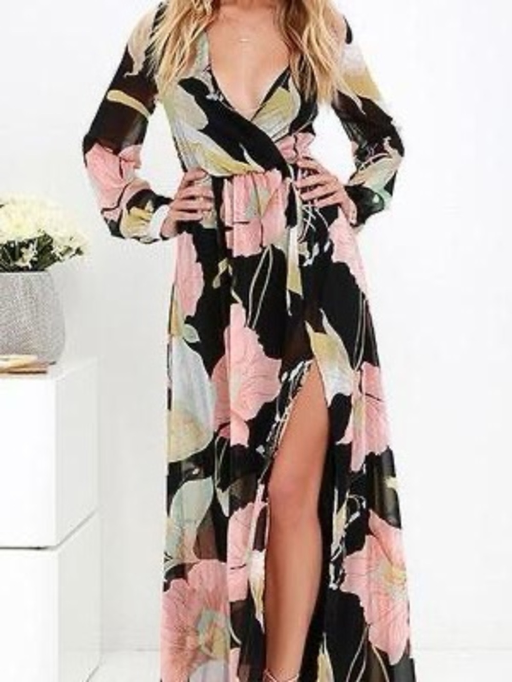 Lulus Floralina Black Floral Print Wrap Maxi Dress XL